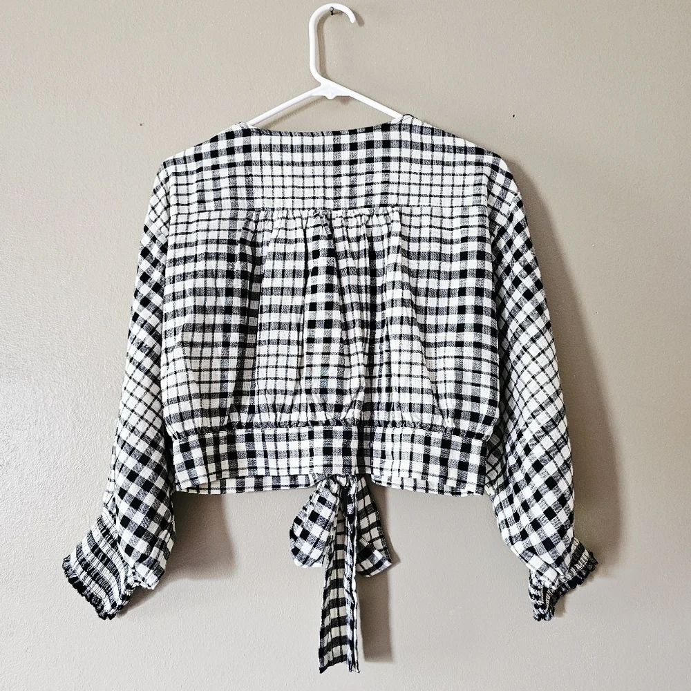 Zara Black and Cream Gingham Tie-Front Blouse